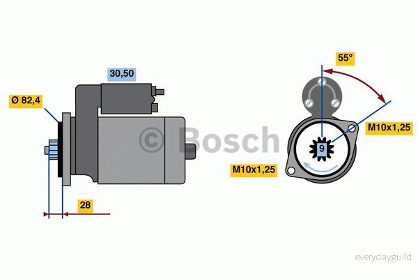 BOSCH 0 986 022 820 Démarreur 12 2 9 30 rechts 82,4 HYUNDAI: Santa Fe 2, I, Tucson, KIA: Sportage II, CARENS 3, 4047024613751